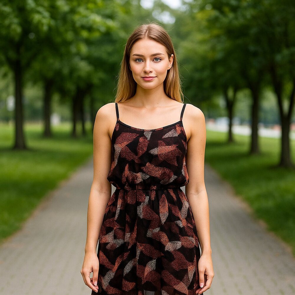 Abstract Black/Peach Ruched Spaghetti Strap Top Milkmaid Boho Party Y2K Women M